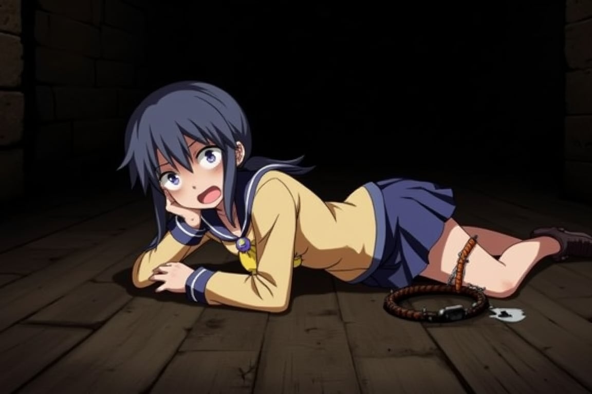 AyumiS,ayumi shinozaki,blue short hair, long doble pony tail,yellow marine uniform,lying in the floor, her right leg trapped in a bear trap, leg injured,scary face,dark dungeon