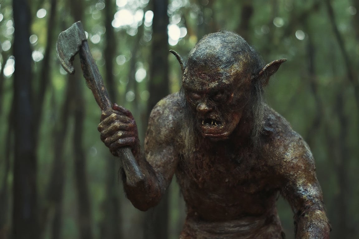 ugly mutant man with an axe in the forest