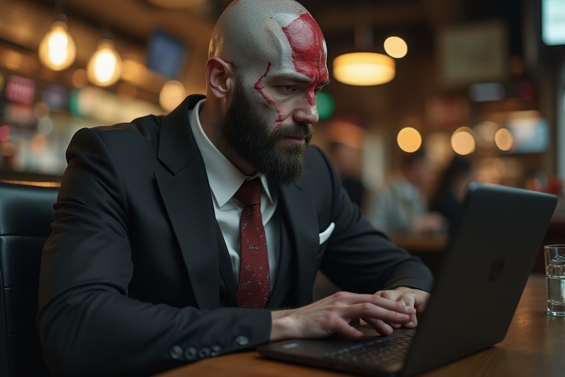 Kratos god of wallstreet,traders, black suit, working with his laptot at, with a starbucks coffee