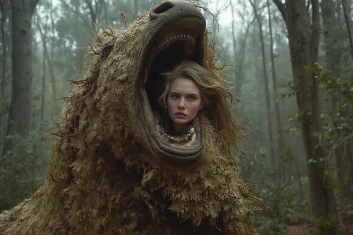 blonde beautiful woman swallowed by a  realistic giant horse,her middle body inside of a horse mouth, in the forest,vore,imposible fit