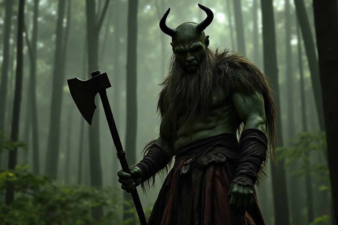 hillbilly orc, green skin,with a helmet horns,leather shoulders weilding a two handed axe ,dinamic light, in the forest,