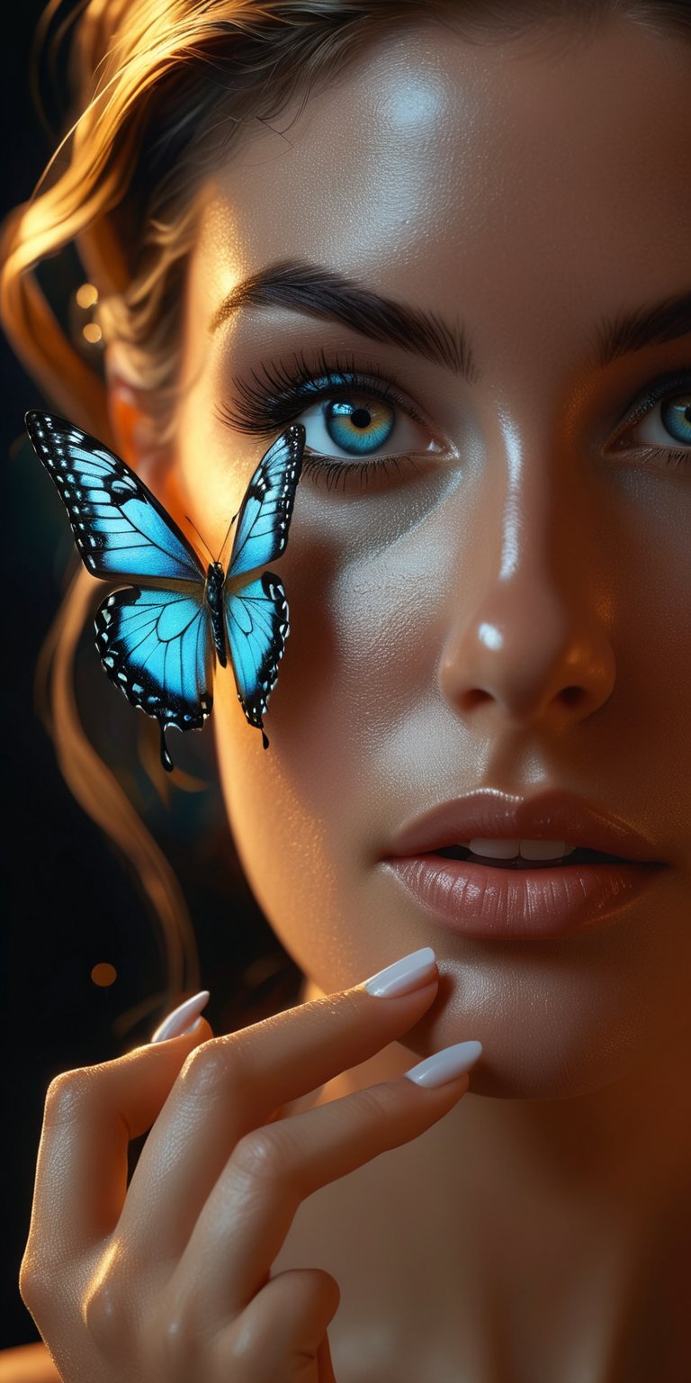 Photorealistic close-up of a beautiful woman with a butterfly resting on her finger, but the figure makes no movement, allowing the butterfly to remain undisturbed, capturing the essence of wanting to preserve beauty without interfering. High resolution, high quality, portrait photography, cinematic lighting, edge tracing, high sharpness, intricate details, hyper-detailed,sharp focus and depth-of-field, maximum realism. 32K.