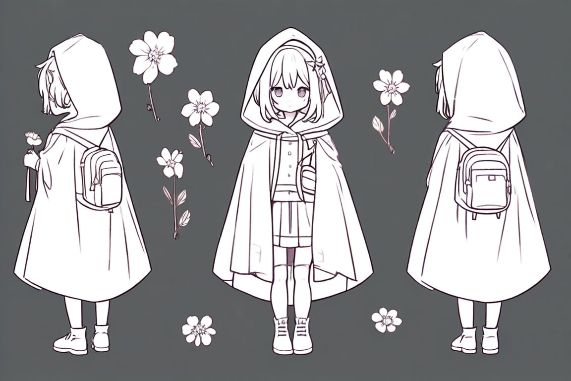 Character sheet of a cute girl with short hair a cape and a backpack, with a white flower in her hand
