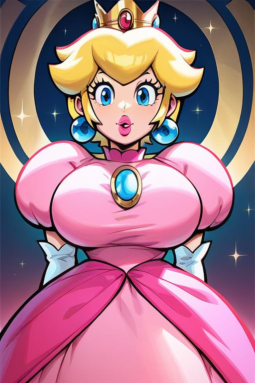 score_9, score_8_up, score_7_up, Masterpiece, saturated, Best quality, hyper detailed, high detail, portrait, cinematic lighting, ray tracing, composition, highly detailed, absurdres, perfectly drawn face, perfectly drawn eyes, huge breasts, thick hips, thin waist, thick thighs, woman, princess peach, blonde hair, earrings, pink dress, princess dress, 2d. anime, pink lipstick, blue eyes, puffy lips