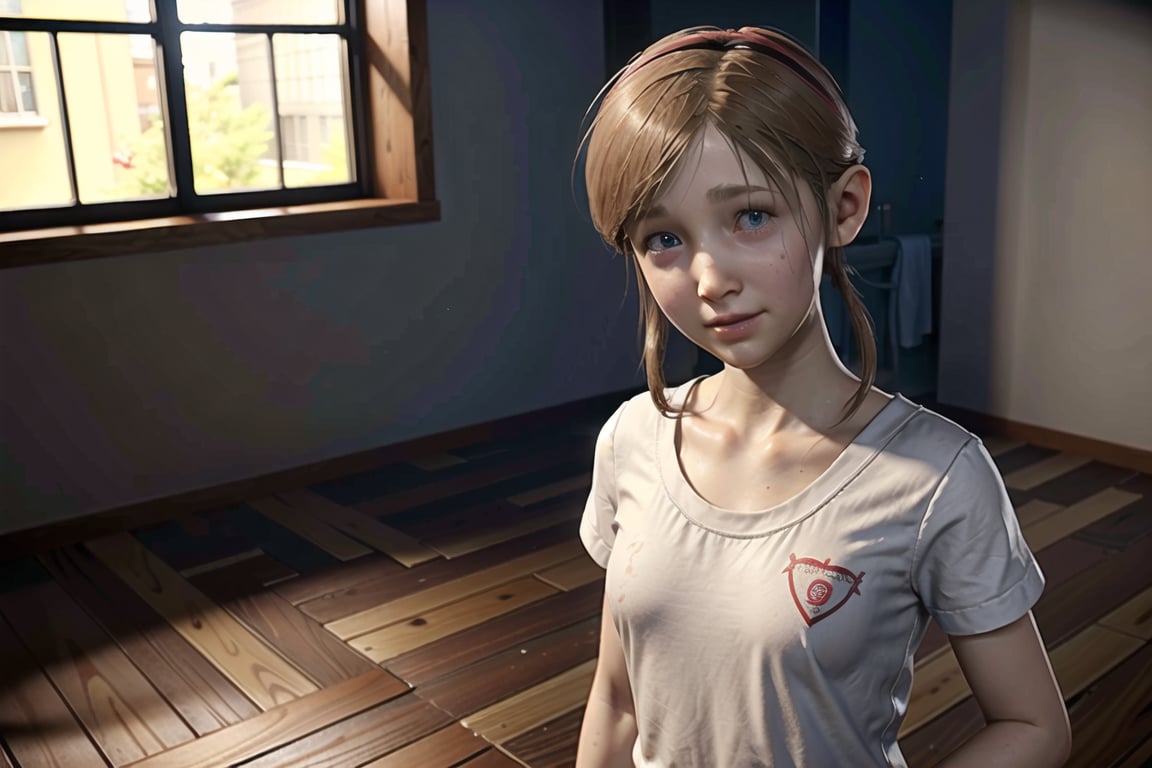 sherry birkin, from resident evil 2 remake, smile, looking at viewer, female child, white shirt, short, small bust, performing housework, indoors, well lit house