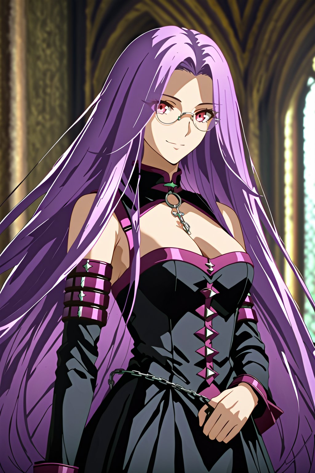 portrait to waist level, smile, looking at viewer, victorian style, gothic dress , indoors, well lit environment, royalty, fate (series), purple hair,MedusaFS, cleavage, medium breasts,MEDUSA RIDER, pink eyes, LONG HAIR, PURPLE HAIR, VERY LONG HAIR, monocle eyepiece on chain, sleeveless_dress,