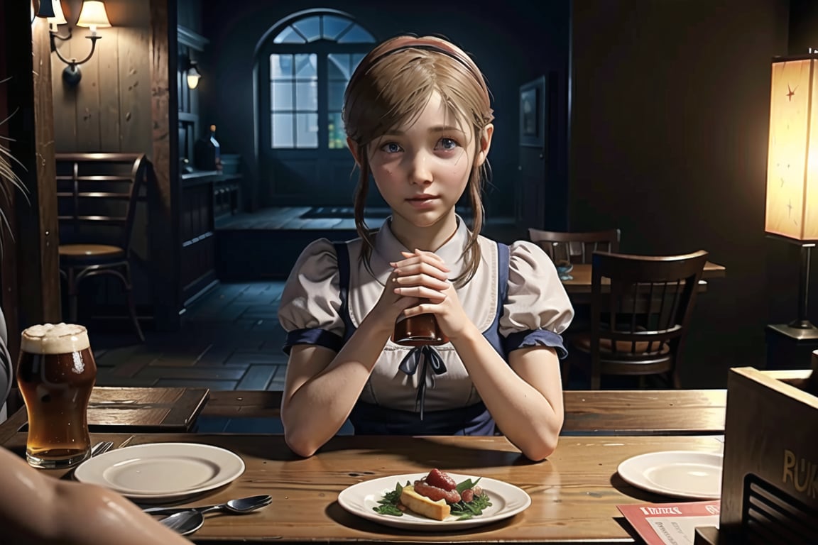 sherry birkin, from resident evil 2 remake, looking at viewer, female child, short, hand holding homemade dish on tand, small bust, indoors, faminine pose, inside medieval tavern filled with several tables and chairs, half filled beers on tables, restaurant, wearing maid headdress, french maid, full body