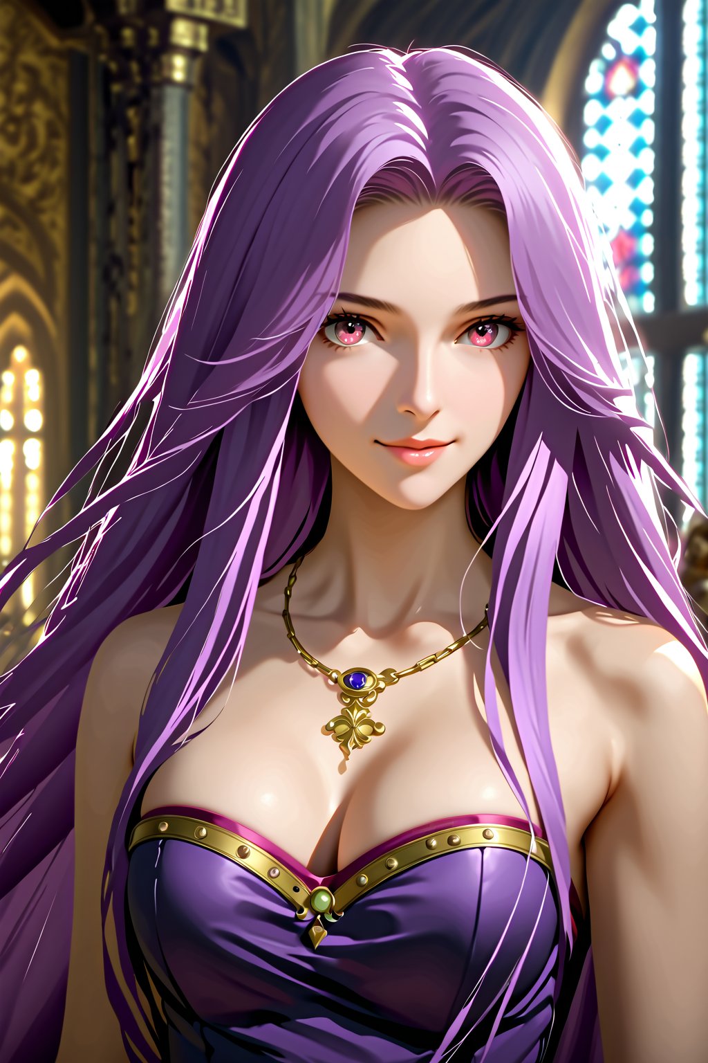 portrait to waist level, smile, looking at viewer, ball gown dress , indoors, well lit environment, royalty, fate (series), purple hair,MedusaFS, cleavage, medium breasts, pink eyes, LONG HAIR, PURPLE HAIR, VERY LONG HAIR, vintage monocle on chain, sleeveless_dress, realistic