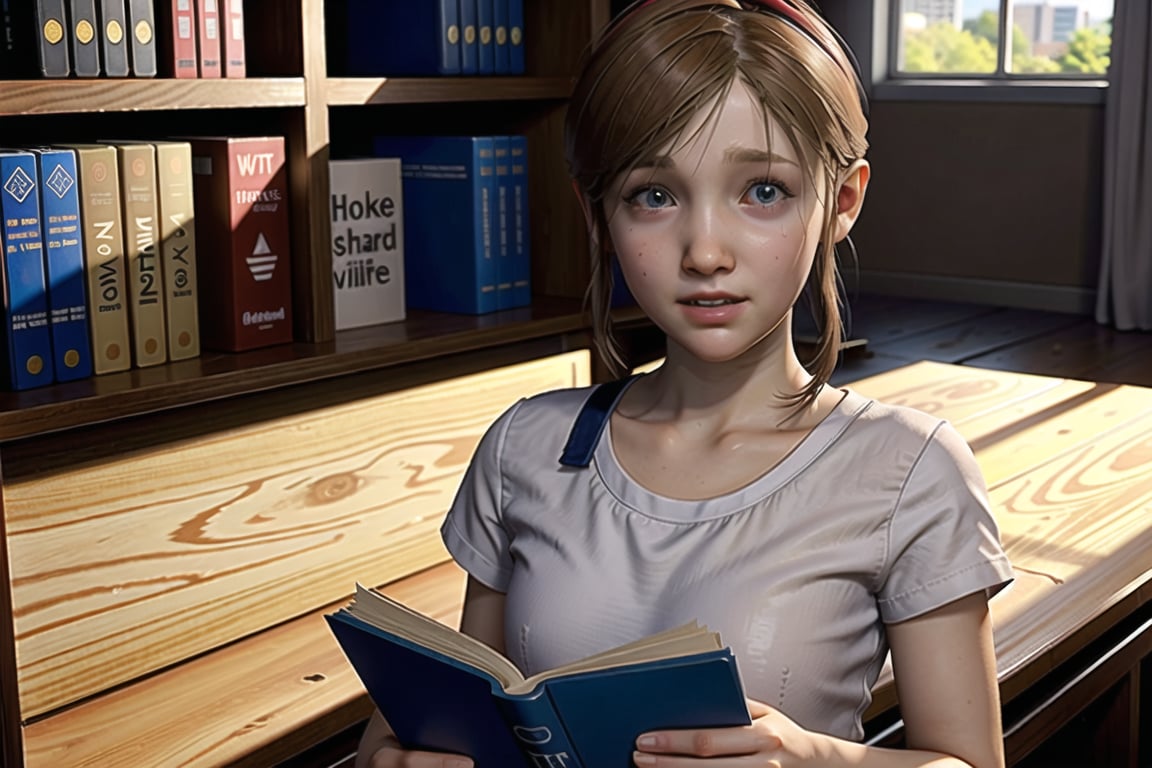 sherry birkin, from resident evil 2 remake, smile, looking at viewer, female child, white shirt, short, small bust, studying, indoors, well lit library, holding book