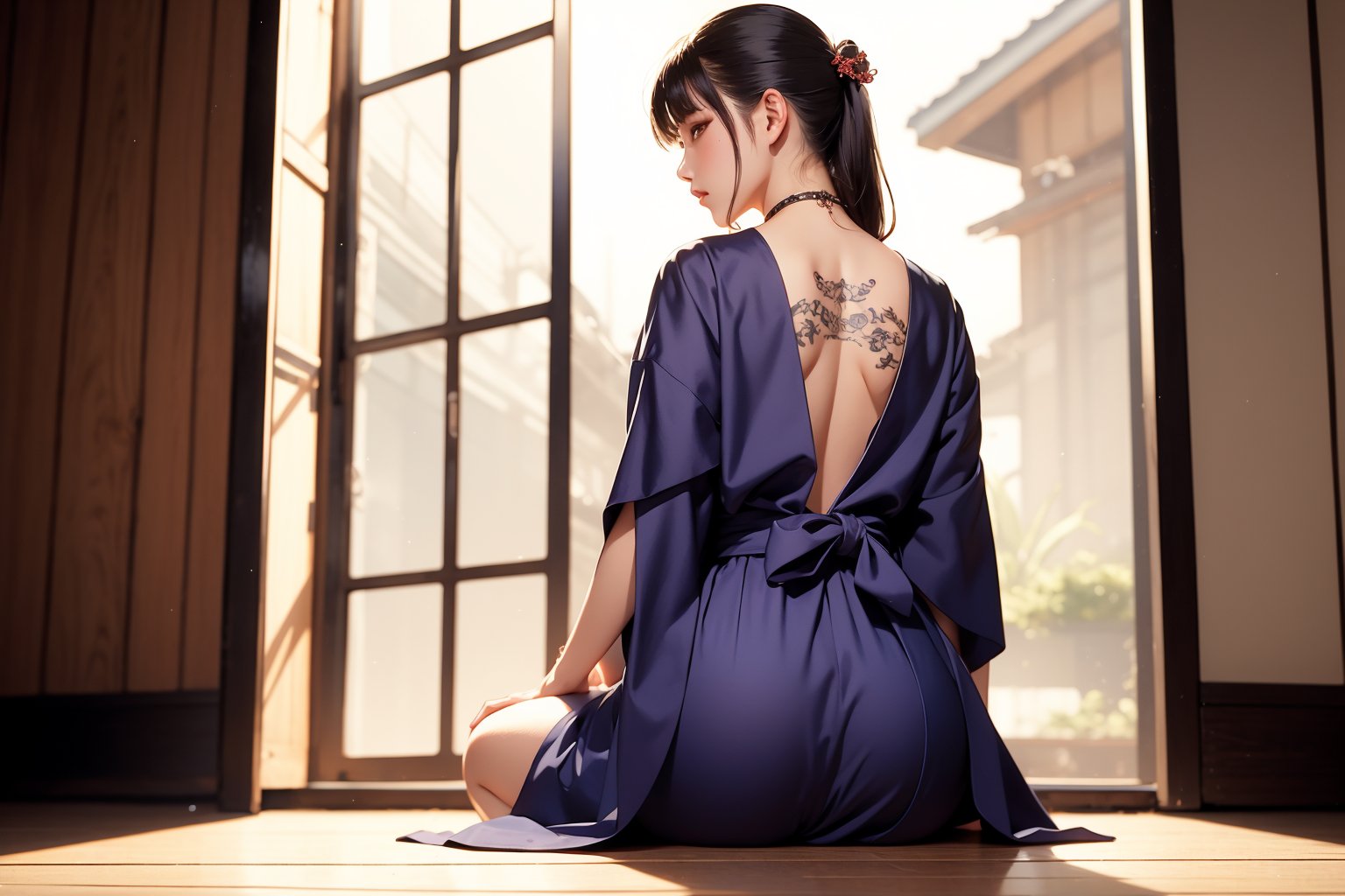 A back of a female Yakuza hostess, sitting down on the floor, back exposed, yakuza tatoo at her top back, facing back, looking directly at the viewer, She wears a dark purple kimono which drops at the floor, holding a long smoking pipe, yakuza vibe, indoors, exotic oriental dojo, looking out to open door, essence of the Yakuza's aesthetic, long shot framing, small breast, 1girl