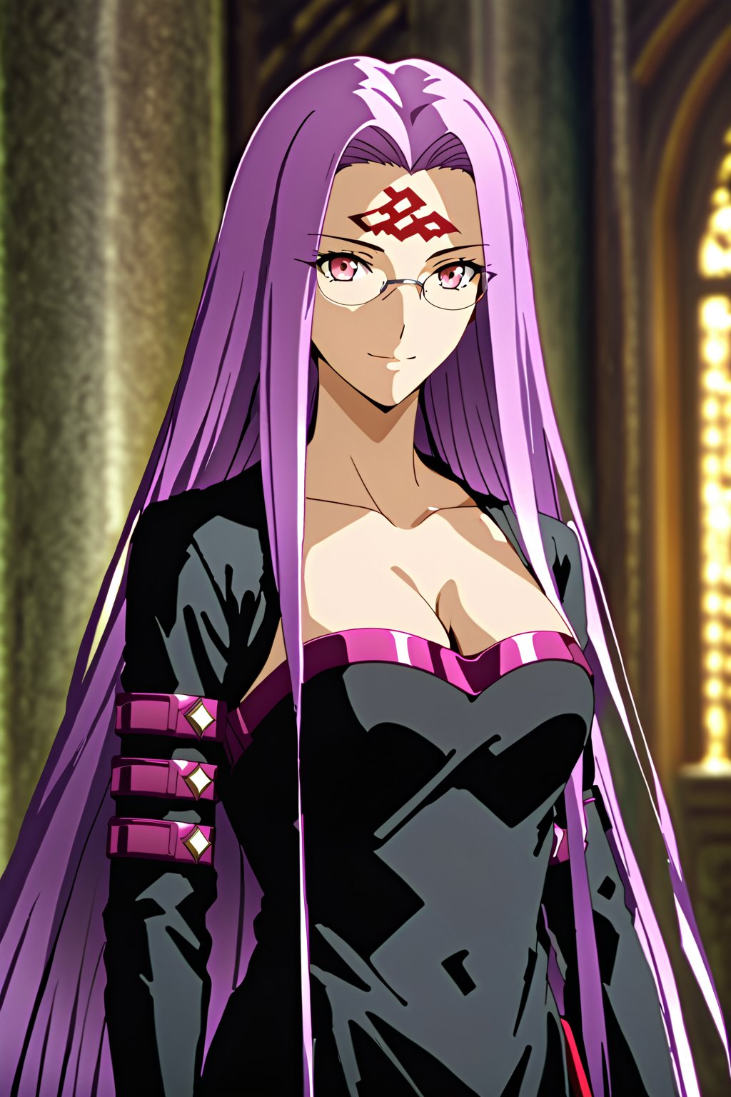 portrait, smile, looking at viewer, ceremonial dress , indoors, well lit environment, royalty, fate (series), purple hair,MedusaFS, cleavage, medium breasts,MEDUSA RIDER, pink eyes, LONG HAIR, PURPLE HAIR,VERY LONG HAIR, glasses