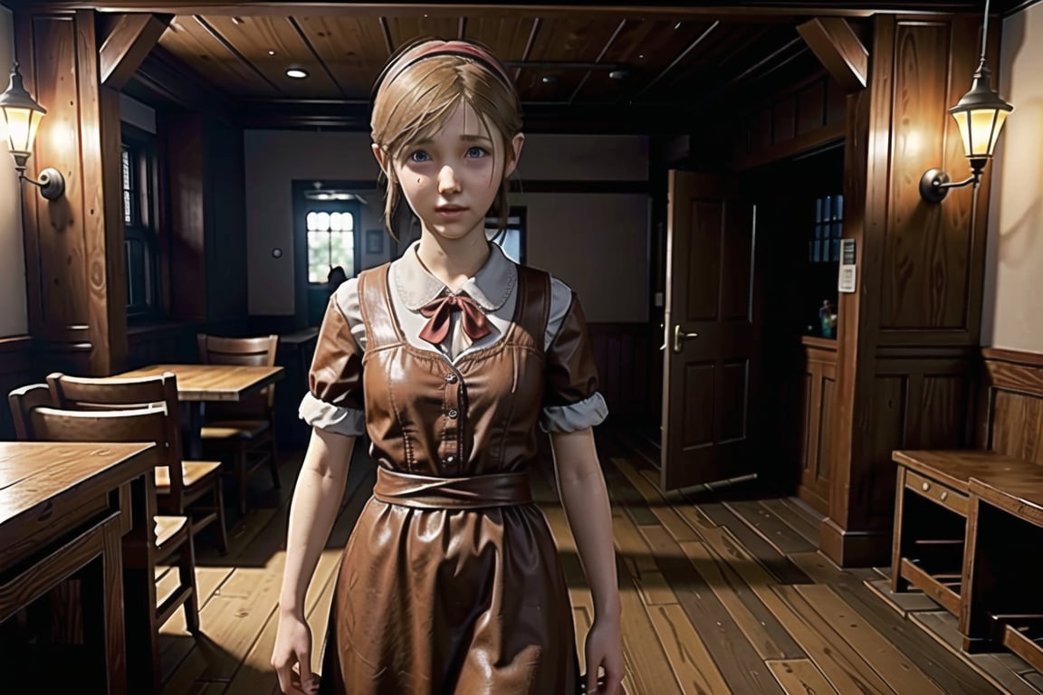 sherry birkin, from resident evil 2 remake, looking at viewer, female child, short,  standing, small bust, indoors, inside medieval tavern, restaurant, wearing maid headdress, full body