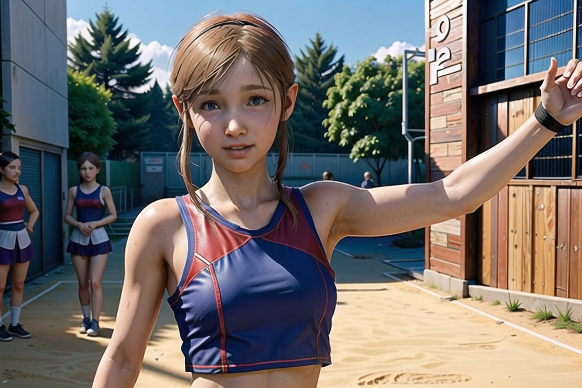 sherry birkin, from resident evil 2 remake, smile, looking at viewer, female child, cheerleading outfit, short, small bust, performing cheerleading, outdoors, cheerleader,