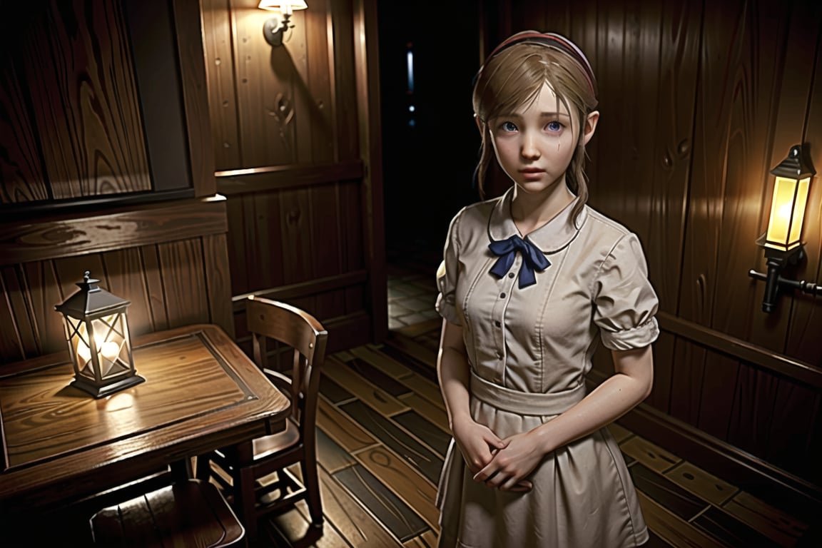 sherry birkin, from resident evil 2 remake, looking at viewer, female child, short,  standing, small bust, indoors, inside medieval tavern, restaurant, wearing maid headdress, full body