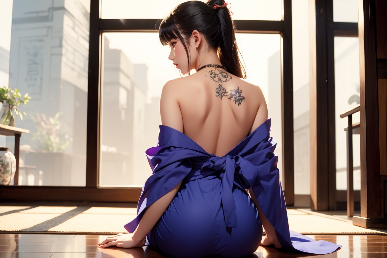 A back of a female Yakuza hostess, sitting down on the floor, back exposed, yakuza tatoo at her top back, facing back, looking directly at the viewer, She wears a dark purple kimono which drops at the floor, holding a long smoking pipe, yakuza vibe, indoors, exotic oriental dojo, looking out to open window essence of the Yakuza's aesthetic, long shot framing, small breast, 1girl