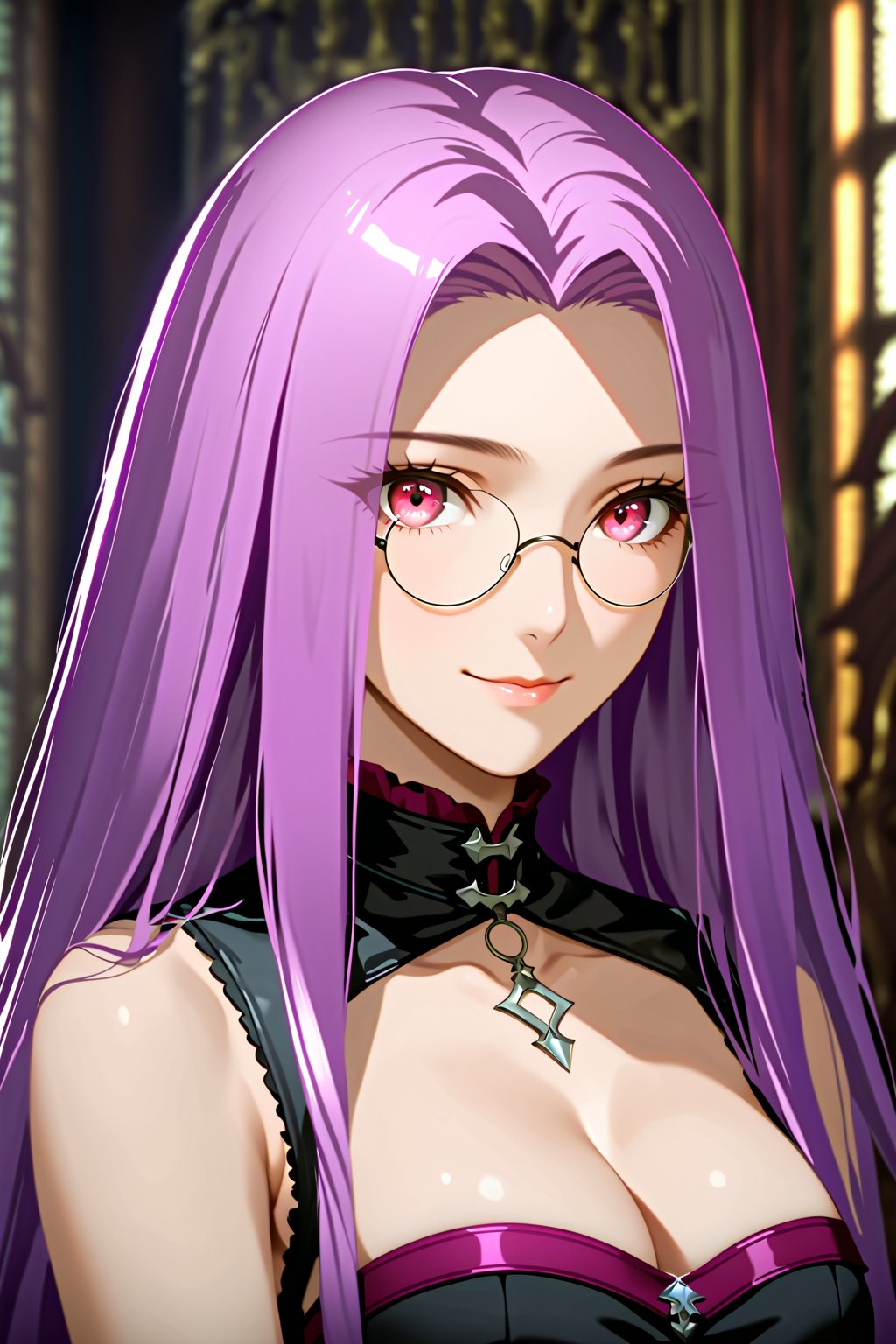 portrait, smile, looking at viewer, victorian style, gothic dress , indoors, well lit environment, royalty, fate (series), purple hair,MedusaFS, cleavage, medium breasts,MEDUSA RIDER, pink eyes, LONG HAIR, PURPLE HAIR, VERY LONG HAIR, round monocle glass, sleeveless_dress,