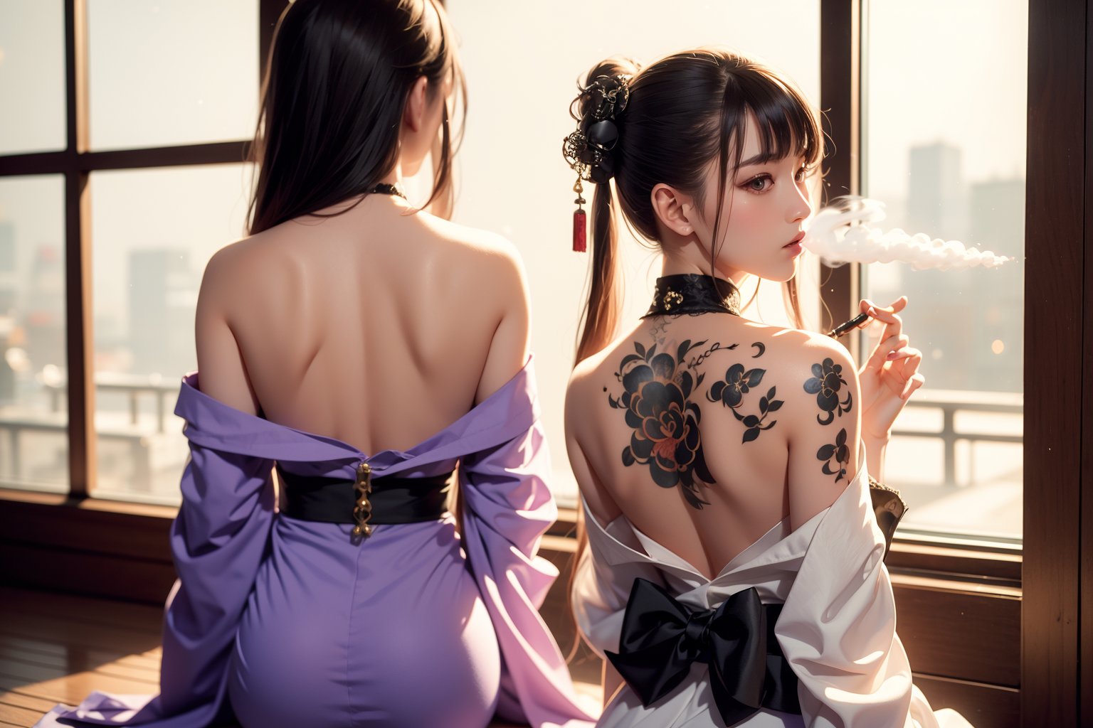 A back of a female Yakuza hostess, sitting down on the floor, back exposed, yakuza tatoo at her top back, facing back, looking directly at the viewer, She wears a dark purple kimono which drops at the floor, holding a long smoking pipe, yakuza vibe, indoors, exotic oriental dojo, looking out to open window essence of the Yakuza's aesthetic, long shot framing