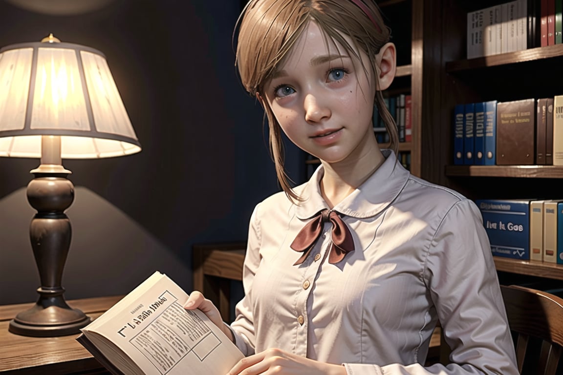 sherry birkin, from resident evil 2 remake, smile, looking at viewer, female child, white shirt, short, small bust, studying, indoors, well lit library, holding book