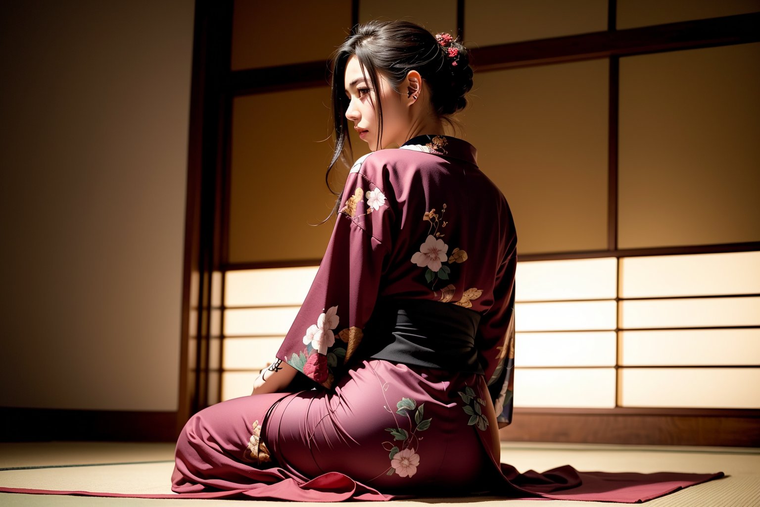 A back of a female Yakuza member, sitting down on the floor, tatoo at her back, facing back, looking directly at the viewer, She wears a vibrant kimono which drops at the floor, holding a long smoking pipe, yakuza vibe, indoors, exotic oriental dojo, essence of the Yakuza's aesthetic, beautiful tattoo,