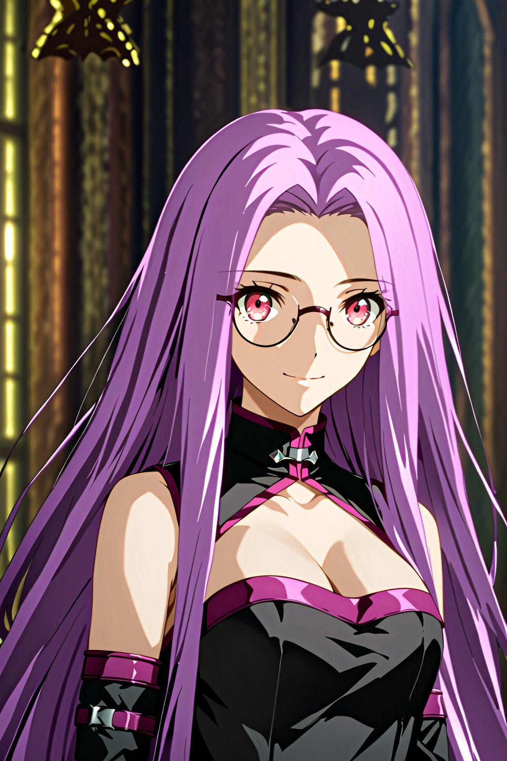 portrait, smile, looking at viewer, victorian gothic dress , indoors, well lit environment, royalty, fate (series), purple hair,MedusaFS, cleavage, medium breasts,MEDUSA RIDER, pink eyes, LONG HAIR, PURPLE HAIR, VERY LONG HAIR, round glasses, big eyes, sleeveless_dress,