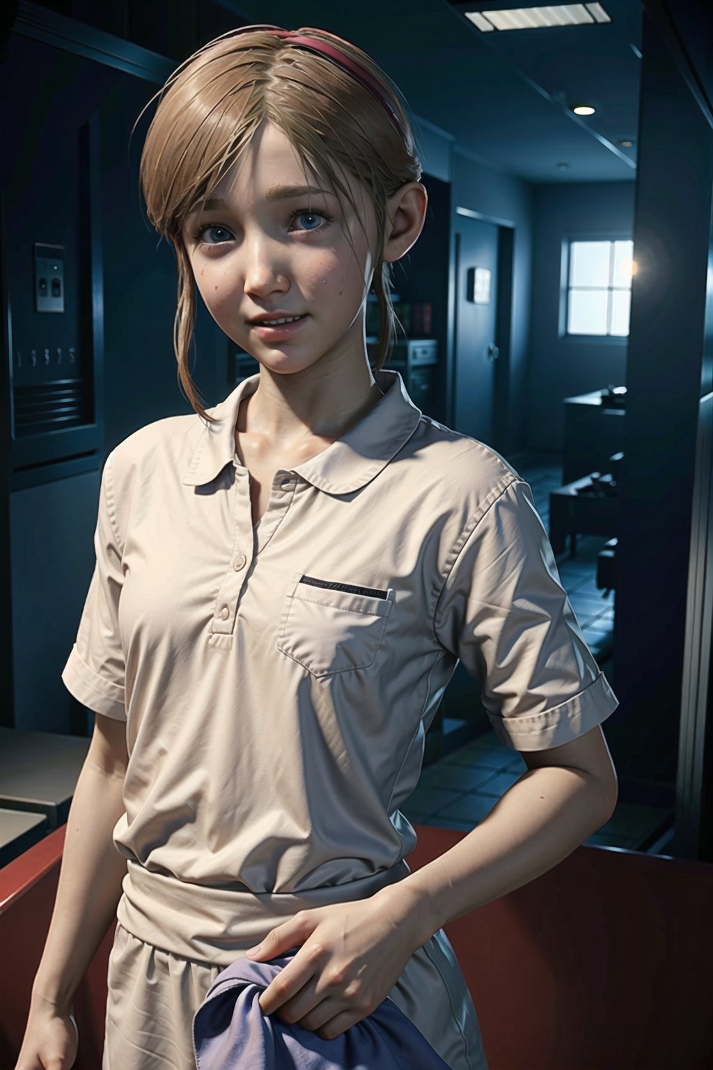 portrait, sherry birkin, resident evil 2 remake, smile, looking at viewer, female child, white shirt, performing housework, indoors, well lit house