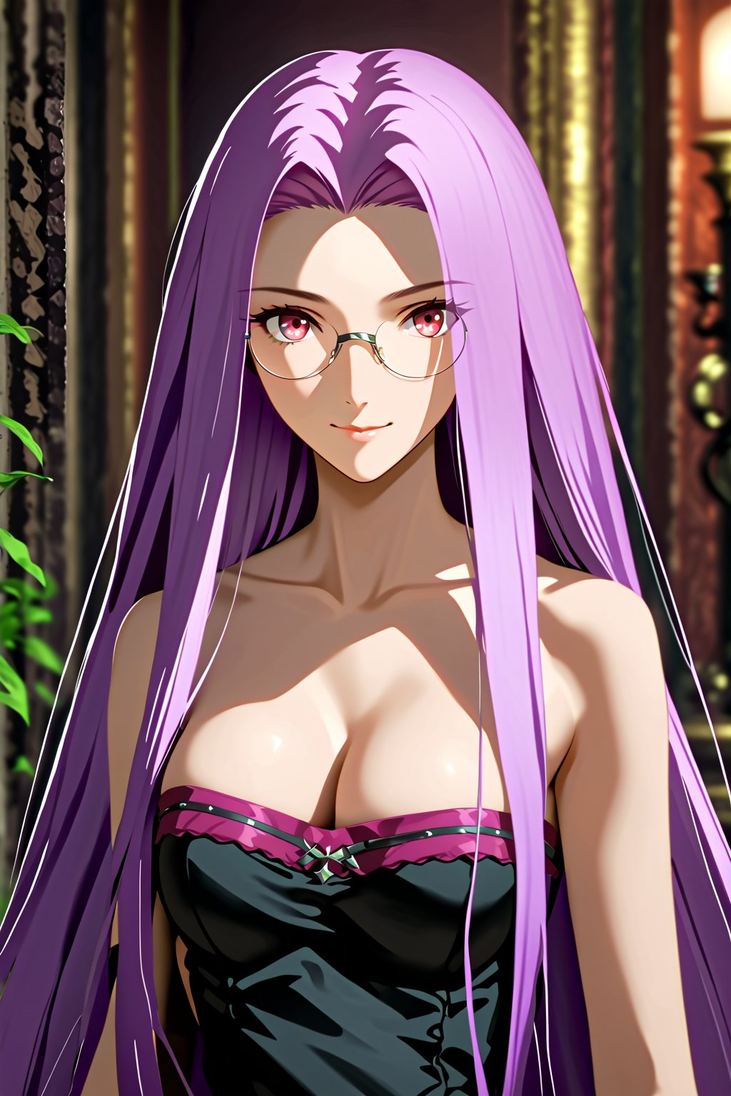 portrait, smile, looking at viewer, victorian gown dress , indoors, well lit environment, royalty, fate (series), purple hair,MedusaFS, cleavage, medium breasts,MEDUSA RIDER, pink eyes, LONG HAIR, PURPLE HAIR, VERY LONG HAIR, wearing vintage monocle on one eye, sleeveless_dress, topless