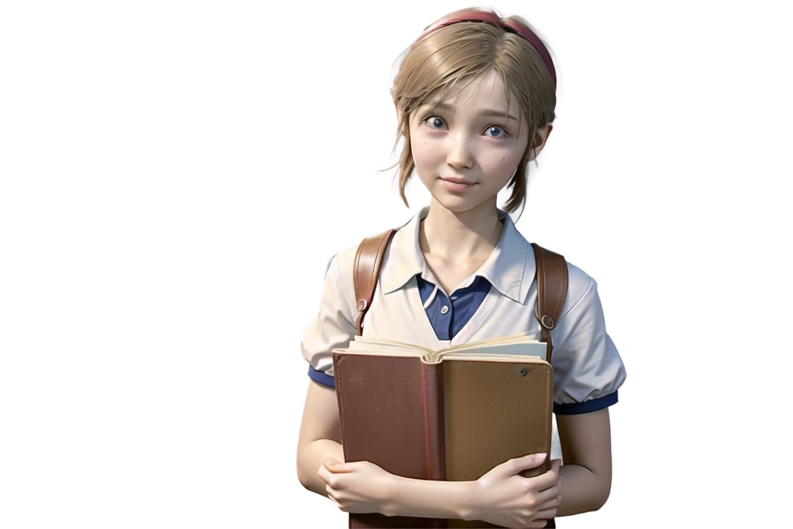 sherry birkin, from resident evil 2 remake, smile, looking at viewer, female child, white shirt, short, small bust, studying, indoors, well lit library, holding book