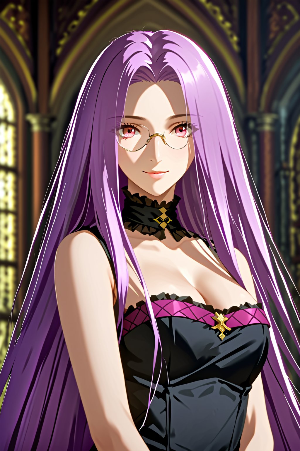 portrait, smile, looking at viewer, victorian gown dress , indoors, well lit environment, royalty, fate (series), purple hair,MedusaFS, cleavage, medium breasts,MEDUSA RIDER, pink eyes, LONG HAIR, PURPLE HAIR, VERY LONG HAIR, wearing vintage monocle on one eye, sleeveless_dress,