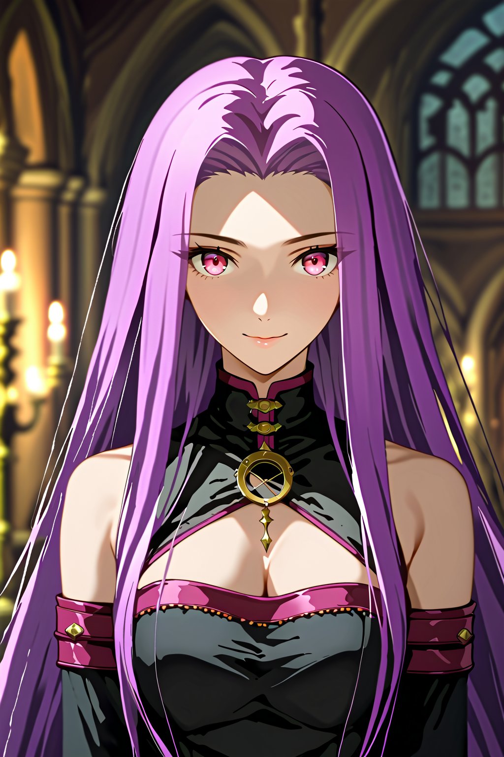 portrait, smile, looking at viewer, victorian gothic dress , indoors, well lit environment, royalty, fate (series), purple hair,MedusaFS, cleavage, medium breasts,MEDUSA RIDER, pink eyes, LONG HAIR, PURPLE HAIR, VERY LONG HAIR, round monocle glass, sleeveless_dress,