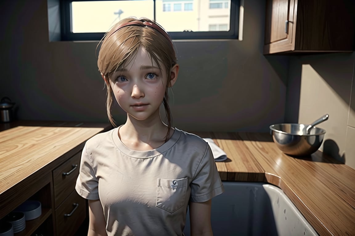 sherry birkin, from resident evil 2 remake, smile, looking at viewer, female child, white shirt, short, small bust, performing cleaning, indoors, well lit kitchen