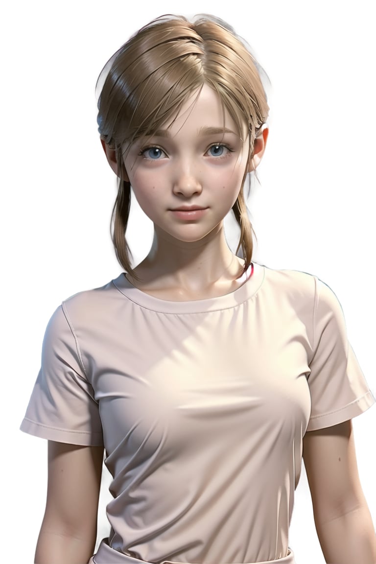 portrait, sherry birkin, resident evil 2 remake, smile, looking at viewer, female child, white shirt, petite body, short, small bust, performing housework, indoors, well lit house