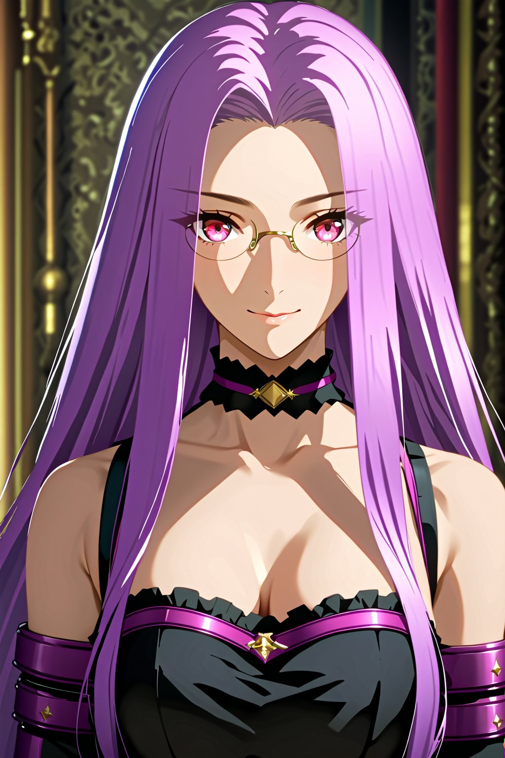 portrait, smile, looking at viewer, victorian gown dress , indoors, well lit environment, royalty, fate (series), purple hair,MedusaFS, cleavage, medium breasts,MEDUSA RIDER, pink eyes, LONG HAIR, PURPLE HAIR, VERY LONG HAIR, wearing vintage monocle on one eye, sleeveless_dress,