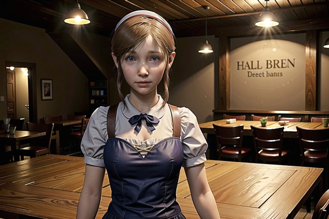 sherry birkin, from resident evil 2 remake, looking at viewer, female child, short, small bust, indoors, faminine pose, inside medieval tavern filled with several tables and chairs, half filled beers on tables, restaurant, standing while holding homemade dish on hand, wearing maid headdress, french maid, full body