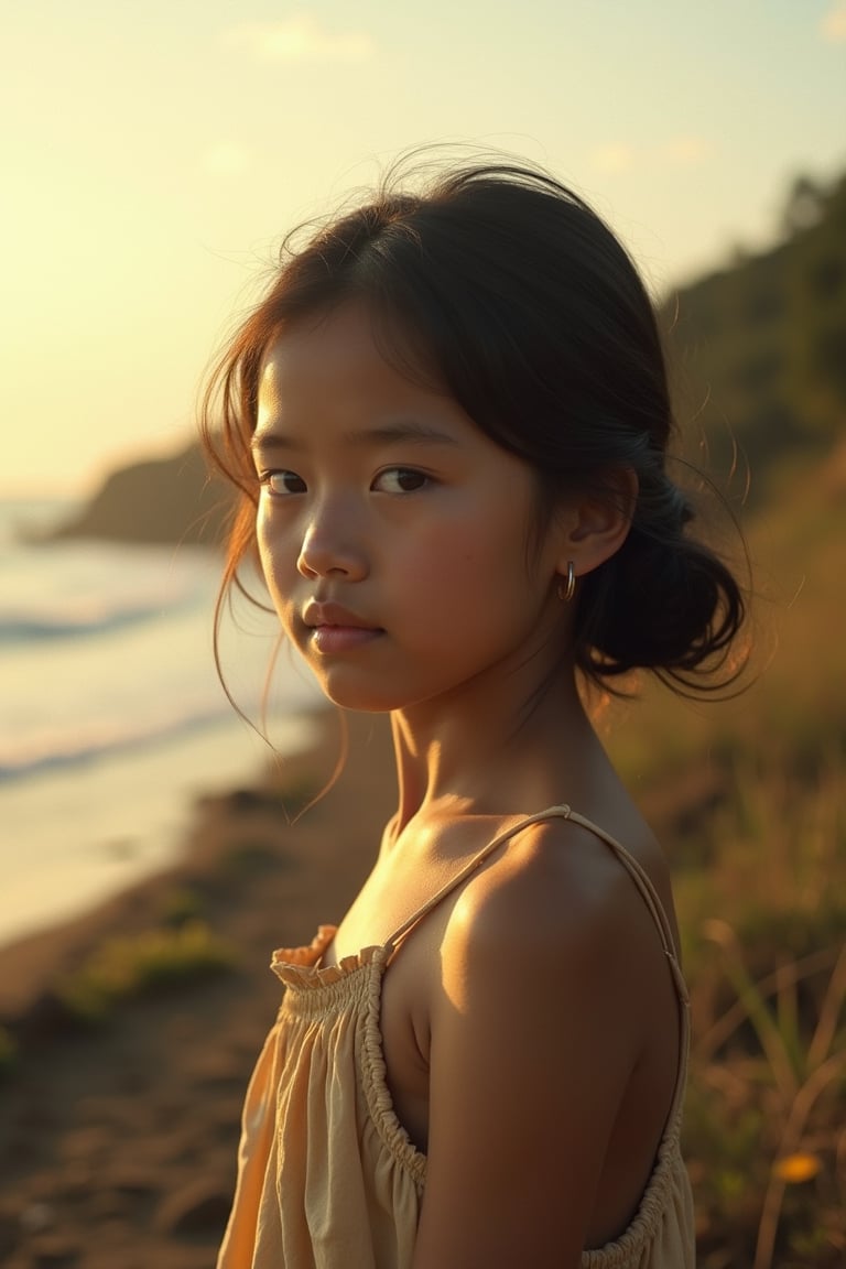 In a warm, golden light reminiscent of early cinema, a 14-year-old girl with fair skin and a small, petite frame is posed against the rustic backdrop of a Jepara coastline in 1901. Her slightly slanted eyes sparkle as she gazes out to sea, her mediocre nose barely noticeable amidst the gentle curves of her youthful features. The soft focus and subtle film grain evoke a sense of nostalgia, as if captured by a black and white Lumière brothers' camera.