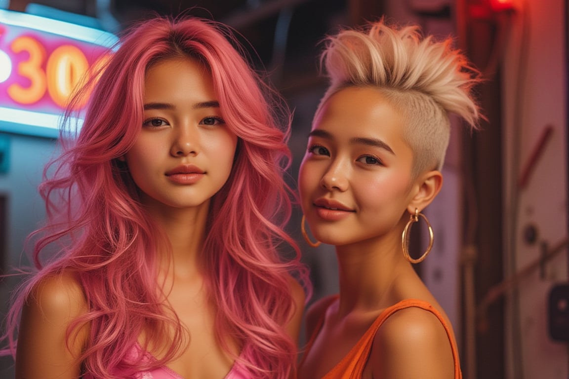 photo of two young asian woman, one of them had a wavy pink hair and other have a mohawk hair style. They wear a pink and orange tight latex dress. Both looking at camera, smile and doing a cute pose, against a ruin of neon city background at saturday night.