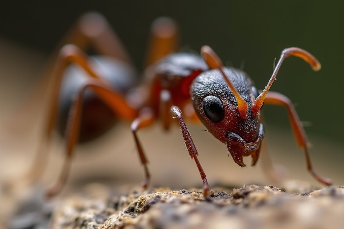 A close-up view of an ant. The ant's eyes are tinted black, and the ant is facing the right side of the frame. The background is blurred, but it is out of focus.