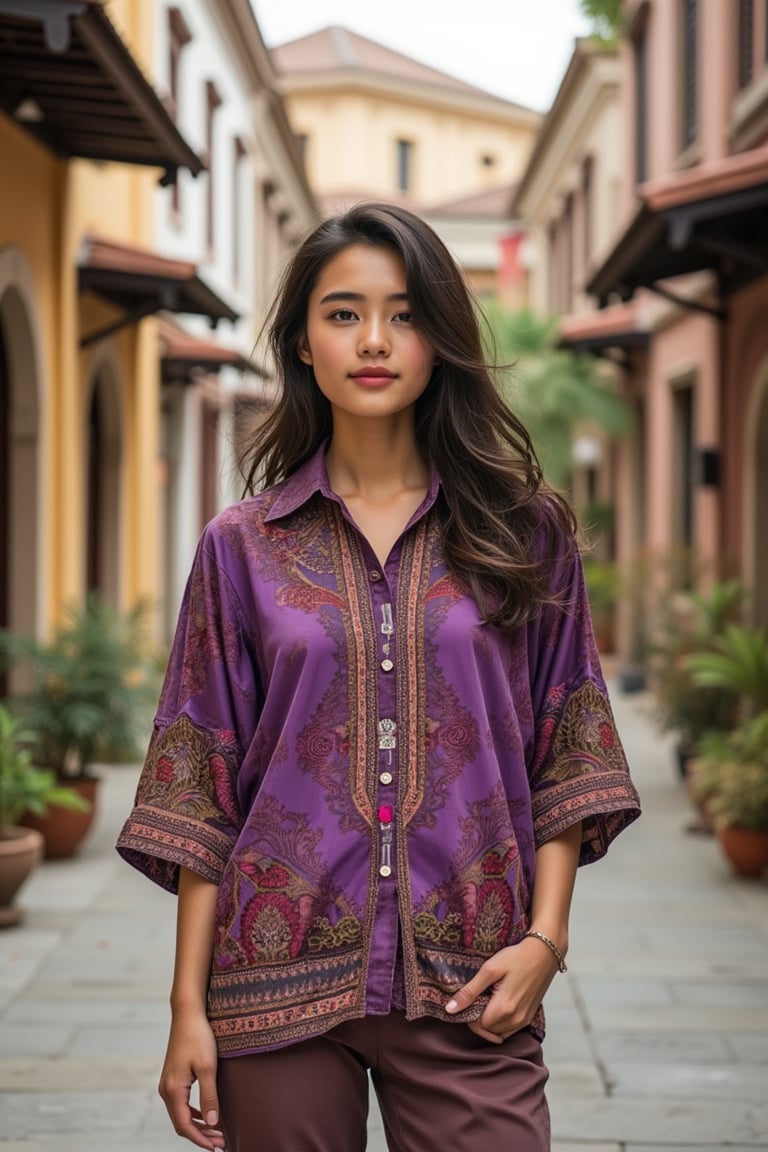 Create an image of an asian girl wearing a vibrant batik shirt, standing confidently in a colonial style building. The batik shirt should have an intricate pattern with a mix of traditional motifs like flowers, leaves, or geometric shapes, in bold colors like bright purple, earthy browns, or bright pink. The person should be depicted as stylish and modern, effortlessly blending traditional heritage with contemporary fashion. The background should feature a cityscape of old town ith colonial era architecture and hints of cultural elements, symbolizing the fusion of tradition and modernity. The overall vibe should be fashionable, confident, and culturally rich