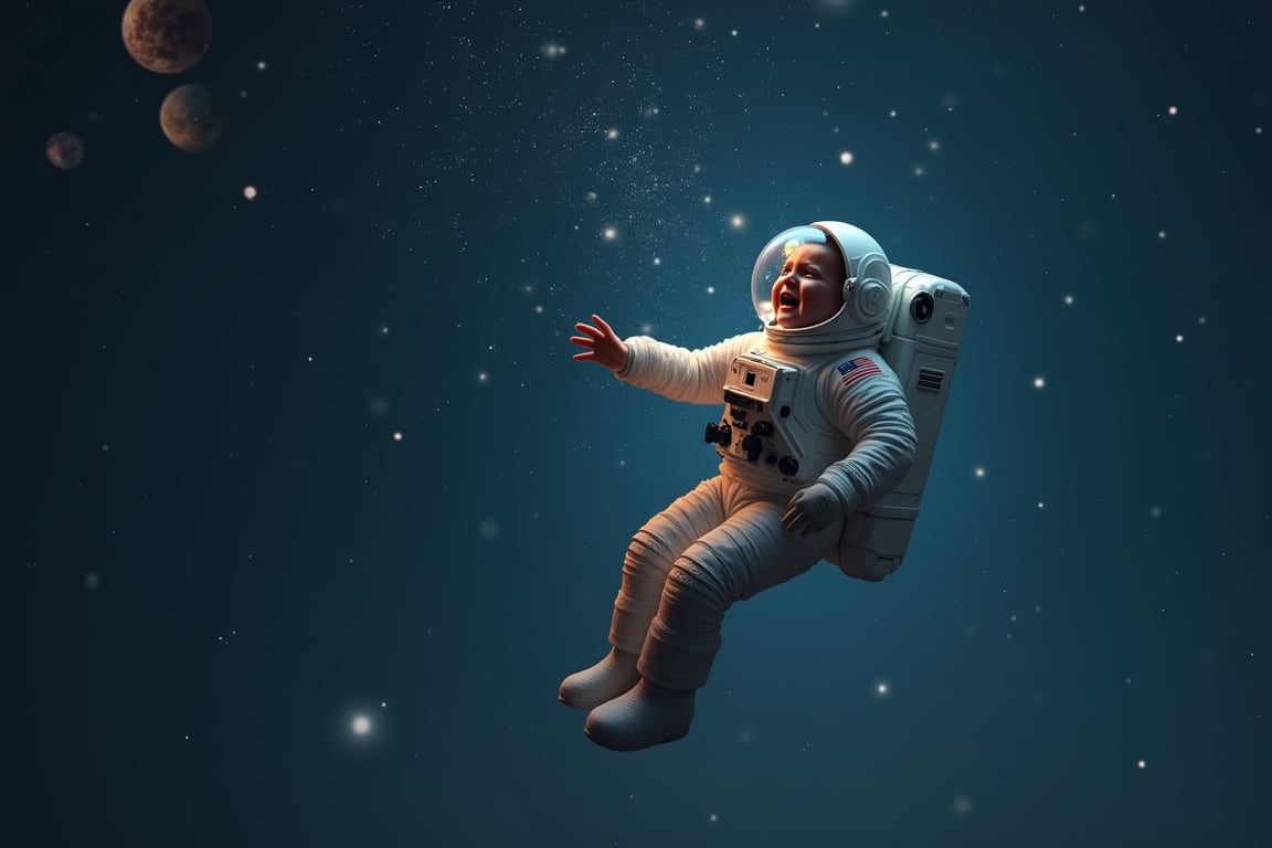 In a vast, starry expanse, a lone astronaut floats in mid-air, their suit glowing softly under the ethereal light of distant planets. Their face contorts in a mix of joy and sorrow as they grasp at the stars, tears streaming down their cheeks like stardust.