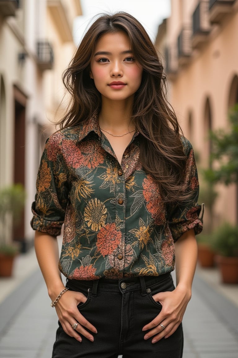 Create an image of an asian girl wearing a vibrant batik shirt, standing confidently in a colonial style building. The batik shirt should have an intricate pattern with a mix of traditional motifs like flowers, leaves, or geometric shapes, in bold colors like dark green, earthy browns, or bright pink. The person should be depicted as stylish and modern, effortlessly blending traditional heritage with contemporary fashion. The background should feature a cityscape of old town ith colonial era architecture and hints of cultural elements, symbolizing the fusion of tradition and modernity. The overall vibe should be fashionable, confident, and culturally rich