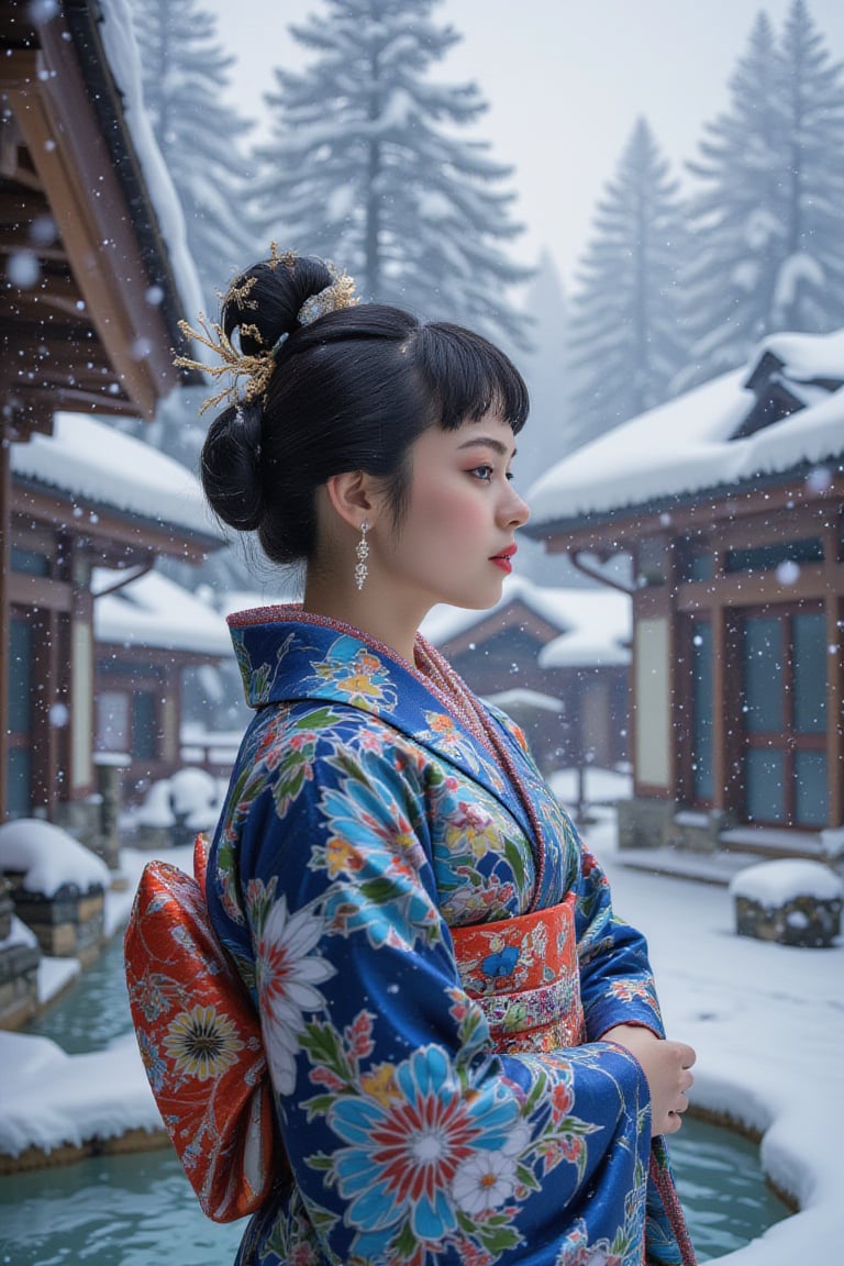 A 25-year-old Japanese woman stands gracefully in front of a traditional onsen (hot spring) surrounded by a serene winter landscape. She wears a beautifully detailed kimono, featuring intricate floral patterns in shades of deep blue and white. Snowflakes gently fall from the sky, lightly covering the ground and the roof of the onsen. The woman’s black hair is neatly styled in a classic updo, adorned with delicate hairpins. The scene is tranquil, with the soft light of the sun breaking through the clouds, creating a peaceful contrast between the bright sky and the softly falling snow,Made of adrr-zllj,Midjourney_Whisper