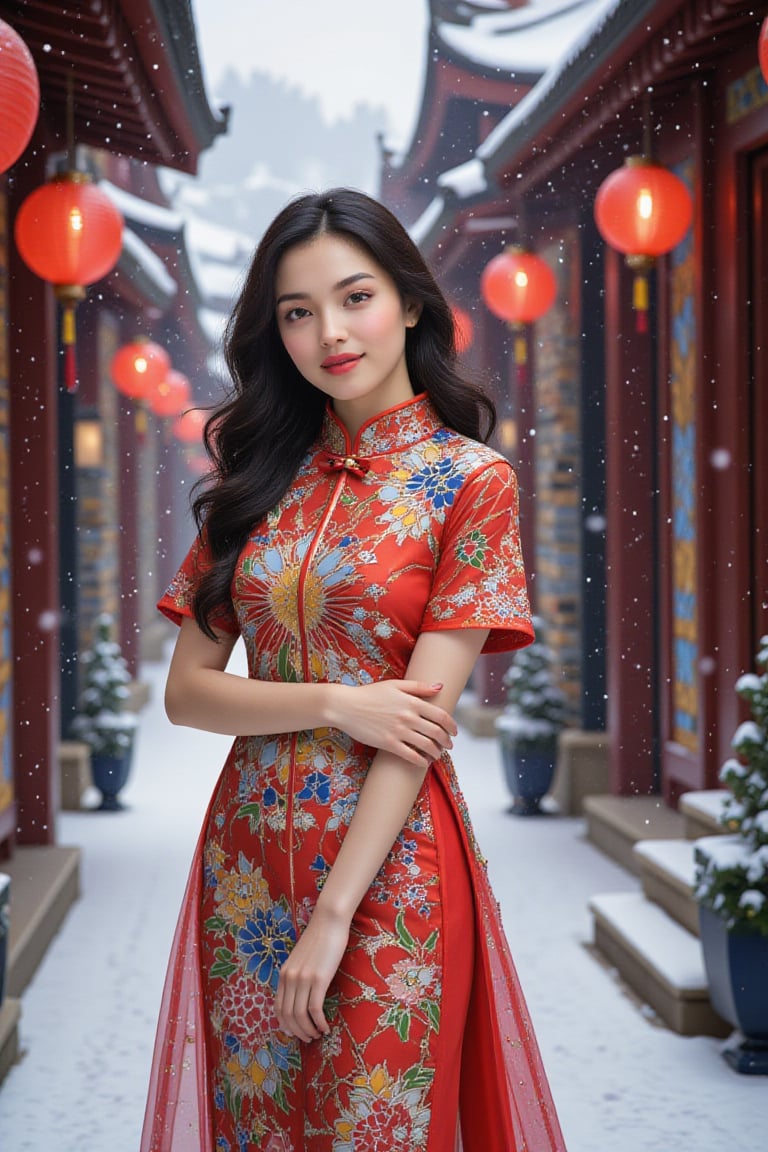 ((photorealistic)) image of a 25-year-old woman of mixed Japanese and Chinese heritage posing confidently on a ((snowy street)). She wears a ((sexy vibrant red cheongsam with gold embroidery)), the dress fitting elegantly to her form. Her black hair is styled in soft waves, cascading over her shoulders. The street is covered in a blanket of fresh snow, with traditional lanterns hanging above, casting a warm glow that contrasts with the cool, crisp air. The woman's full-body pose is poised and graceful, with a serene expression as snowflakes fall gently around her, creating a picturesque winter scene,Made of adrr-zllj,landscape,Midjourney_Whisper