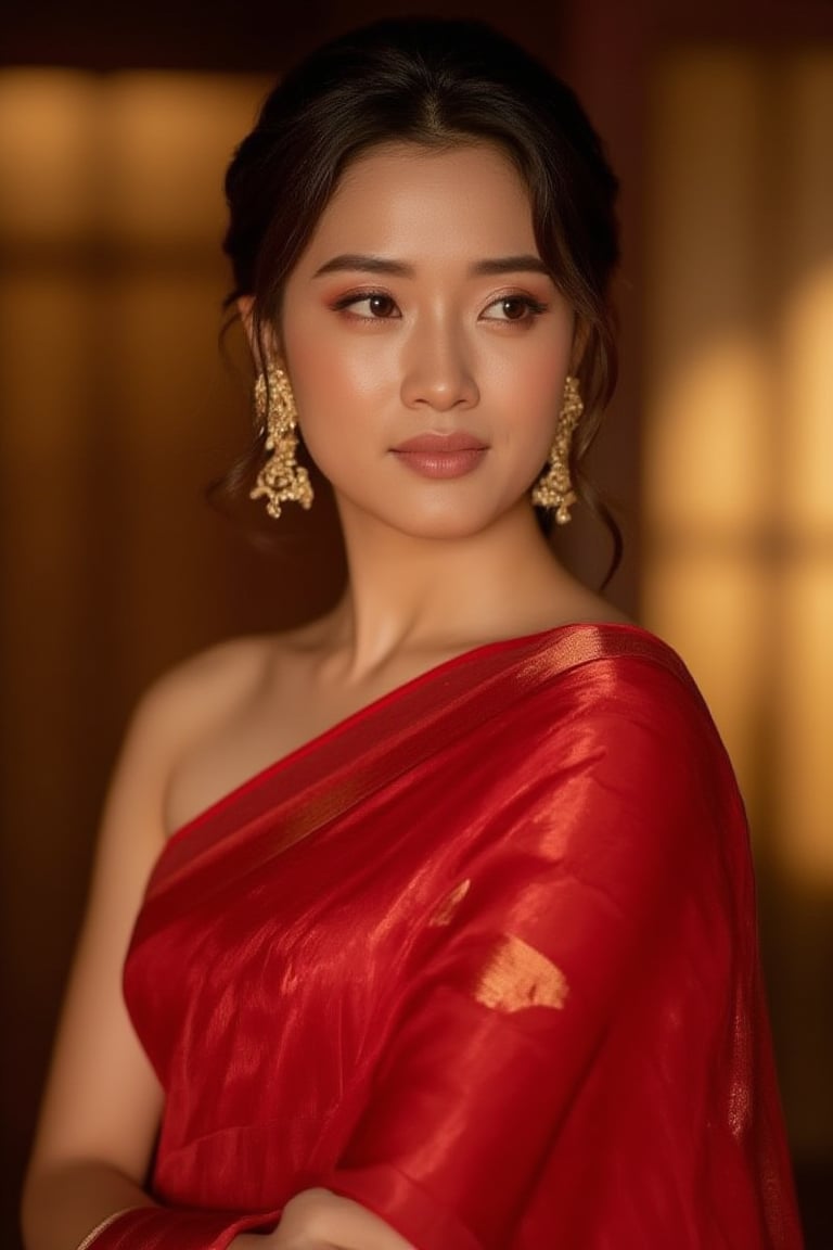 A stunning Japanese woman wearing a vibrant red sari, her beauty accentuated by the rich fabric. The scene is framed in a close-up shot, capturing her elegant pose and serene expression. Soft, warm lighting highlights her features, creating a harmonious composition. The background is subtly blurred, focusing attention on her graceful presence.