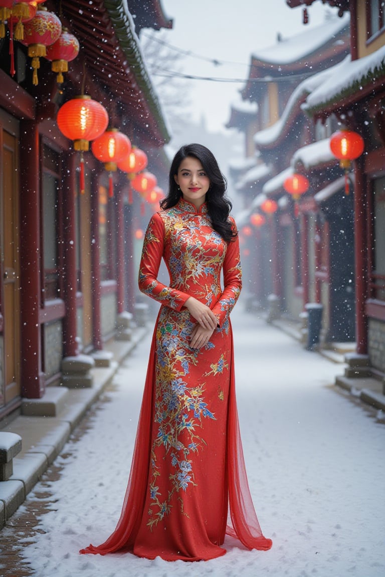 A 25-year-old woman of mixed Japanese and Chinese heritage poses confidently on a snowy street. She wears a vibrant red cheongsam with gold embroidery, the dress fitting elegantly to her form. Her black hair is styled in soft waves, cascading over her shoulders. The street is covered in a blanket of fresh snow, with traditional lanterns hanging above, casting a warm glow that contrasts with the cool, crisp air. The woman's full-body pose is poised and graceful, with a serene expression as snowflakes fall gently around her, creating a picturesque winter scene,landscape,Midjourney_Whisper,Made of adrr-zllj