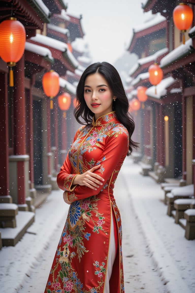 ((photorealistic)) image of a 25-year-old woman of mixed Japanese and Chinese heritage posing confidently on a ((snowy street)). She wears a ((vibrant red cheongsam with gold embroidery)), the dress fitting elegantly to her form. Her black hair is styled in soft waves, cascading over her shoulders. The street is covered in a blanket of fresh snow, with traditional lanterns hanging above, casting a warm glow that contrasts with the cool, crisp air. The woman's full-body pose is poised and graceful, with a serene expression as snowflakes fall gently around her, creating a picturesque winter scene, golden hour, rule of thirds, Made of adrr-zllj,landscape,Midjourney_Whisper