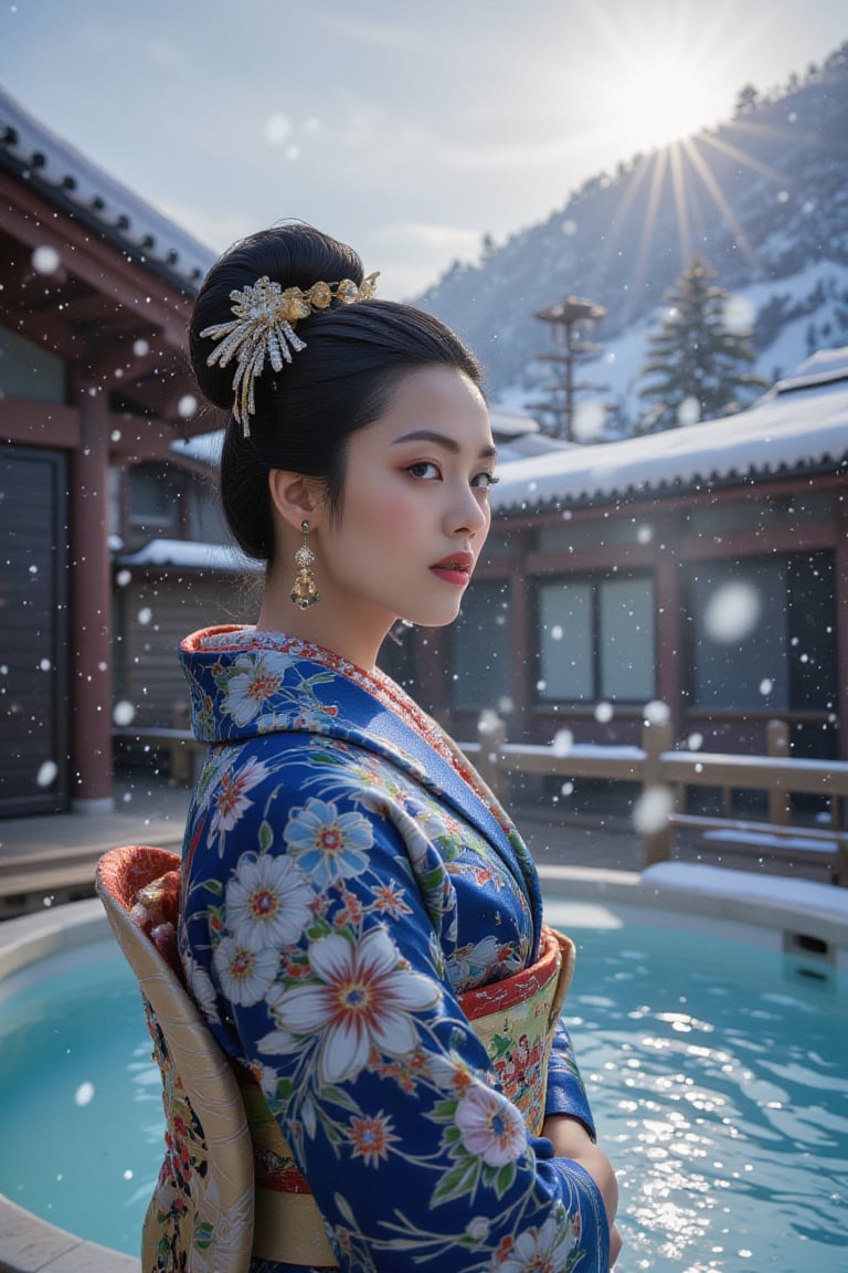 A 25-year-old Japanese woman stands gracefully in front of a traditional onsen (hot spring) surrounded by a serene winter landscape. She wears a beautifully detailed kimono, featuring intricate floral patterns in shades of deep blue and white. Snowflakes gently fall from the sky, lightly covering the ground and the roof of the onsen. The woman’s black hair is neatly styled in a classic updo, adorned with delicate hairpins. The scene is tranquil, with the soft light of the sun breaking through the clouds, creating a peaceful contrast between the bright sky and the softly falling snow,Made of adrr-zllj,Midjourney_Whisper