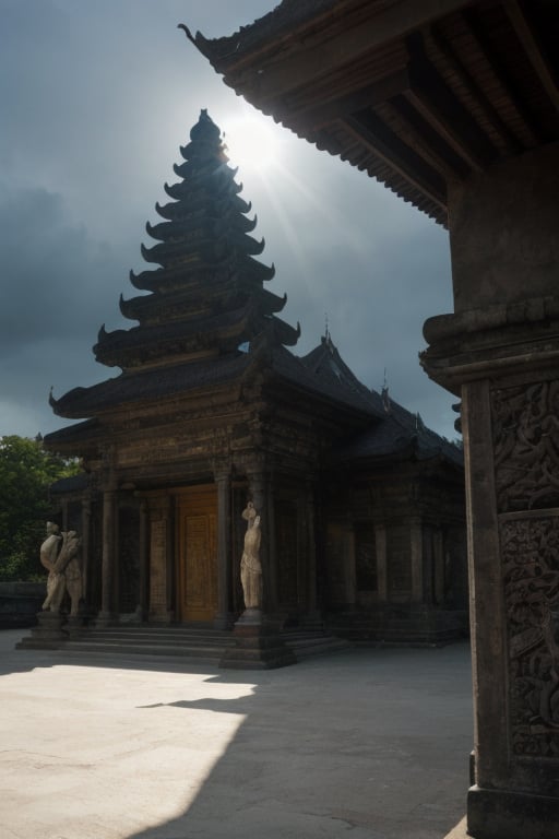 A traditional Balinese temple gate (pura) stands as a symbol of resilience amidst a post-apocalyptic landscape. The once-grand gate is now partially damaged, with cracks running through the intricate stone carvings and parts of the structure crumbling. Despite the destruction surrounding it, the gate retains a sense of sacredness and cultural heritage. The sky is filled with dark, swirling clouds, but a single ray of sunlight breaks through, casting a warm, golden glow directly on the pura gate, illuminating its detailed carvings and emphasizing its importance as a beacon of hope and continuity in a ravaged world. The atmosphere is both haunting and serene, capturing the contrast between destruction and the enduring spirit of the temple.