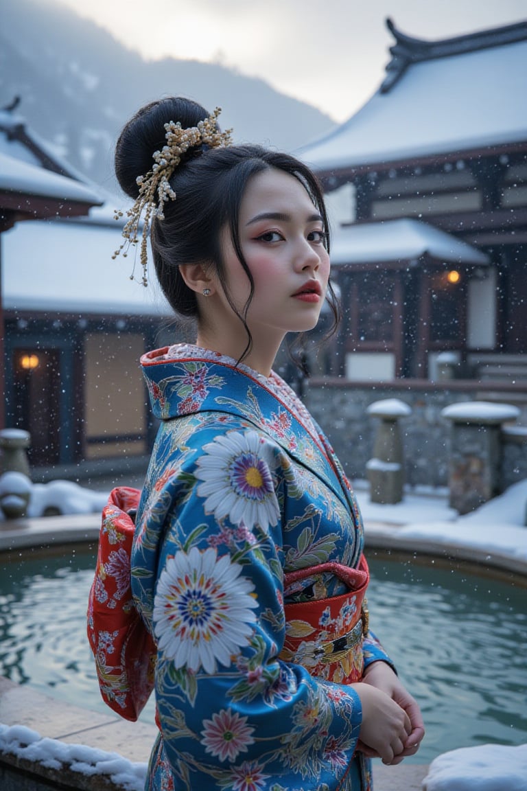 A 25-year-old Japanese woman stands gracefully in front of a traditional onsen (hot spring) surrounded by a serene winter landscape. She wears a beautifully detailed kimono, featuring intricate floral patterns in shades of deep blue and white. Snowflakes gently fall from the sky, lightly covering the ground and the roof of the onsen. The woman’s black hair is neatly styled in a classic updo, adorned with delicate hairpins. The scene is tranquil, with the soft light of the sun breaking through the clouds, creating a peaceful contrast between the bright sky and the softly falling snow,Made of adrr-zllj,Midjourney_Whisper