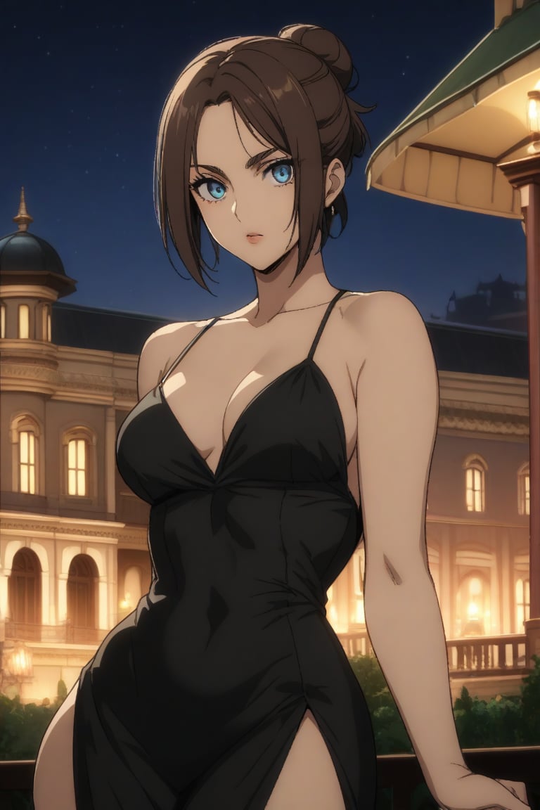 ( night background) , ( luxury palace background ) , ( restaurant) background , ( HD) , attractive woman,eren_yeager_s4,blue eyes,brown hair,short hair,single hair bun, long black dress with a slit,medium breasts, curvy, , genderbend swap, solo, 1woman .