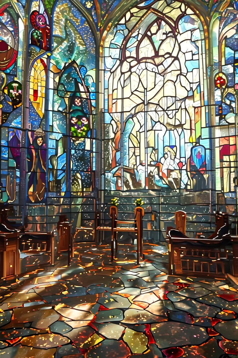 A majestic stained glass window dominates a sunlit Gothic chapel's interior, vibrant colors swirling in intricate patterns and depicting biblical scenes of Adam and Eve, Noah's Ark, and the Four Evangelists. Soft morning light pours through the panes, casting kaleidoscopic shadows on the stone floor.