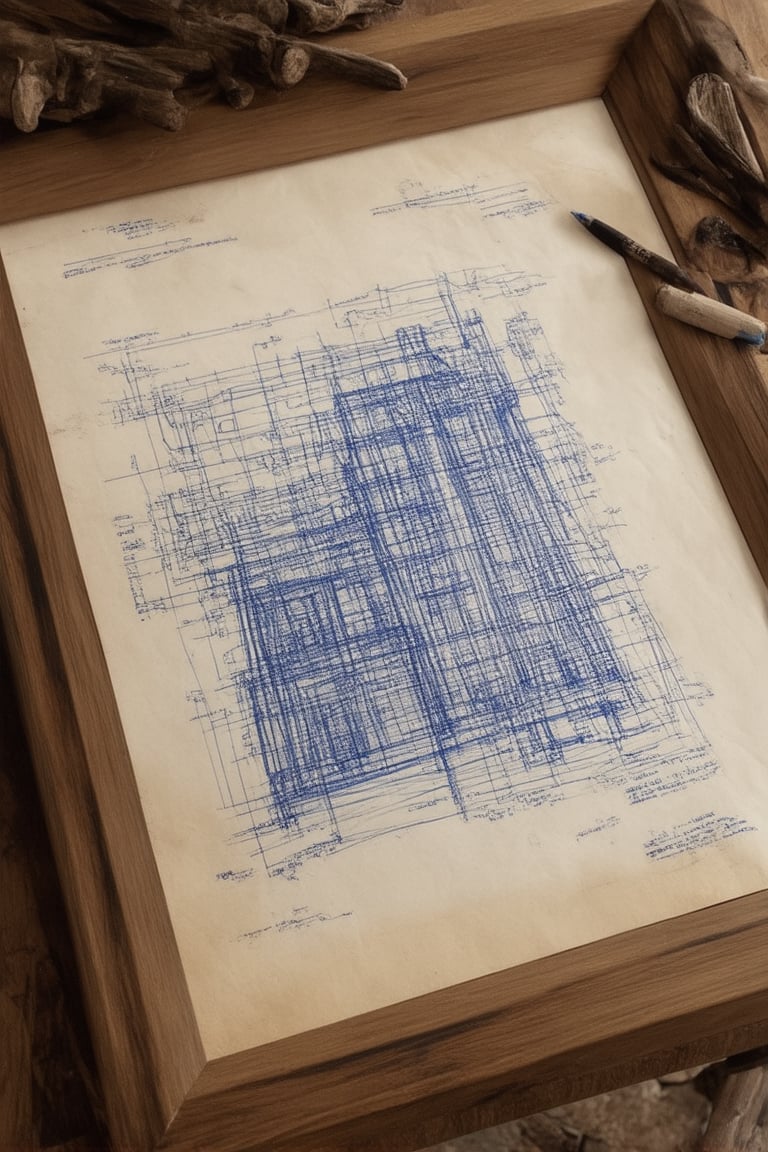 A close-up shot of a worn, vintage blueprints sketch on a wooden desk, framed by a rustic wooden frame with ornate carvings. Soft, warm lighting highlights the intricate details and faded lines, casting a gentle glow on the surrounding environment. The subject, an old-school architect's work-in-progress, sits amidst scattered pencils, paper clips, and crumpled drafts.